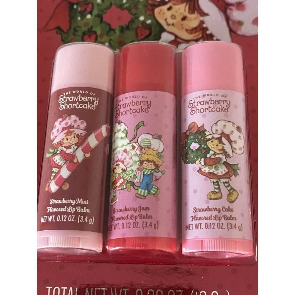 Set‎ Of 3 Strawberry Shortcake Flavored Lip Balms And Keychain Holder NEW